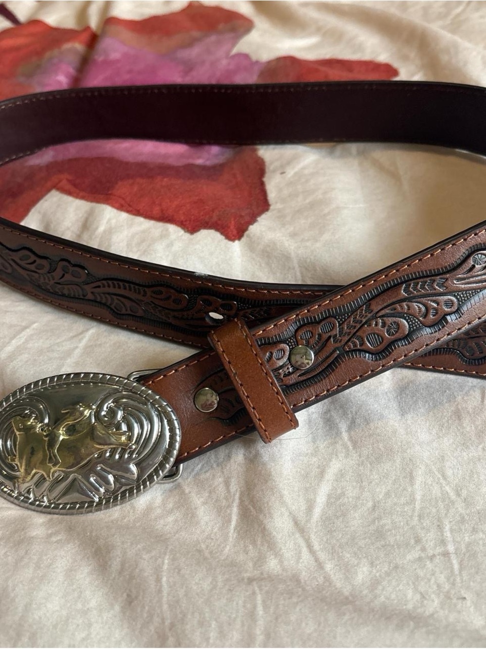 Tooled Brown Leather Western Belt with Silver/ Gold Buckle